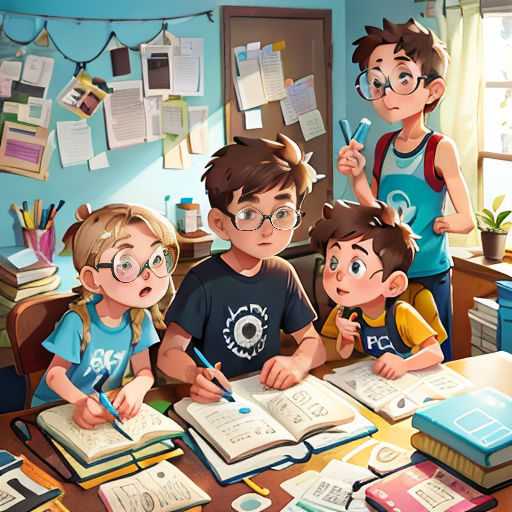 a group of children sitting at a table with books and pencils in front of them, with a teacher in the background