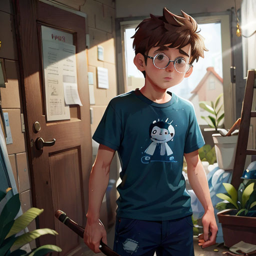 a boy in a blue shirt holding a baseball bat in a room with plants and a ladder in the background
