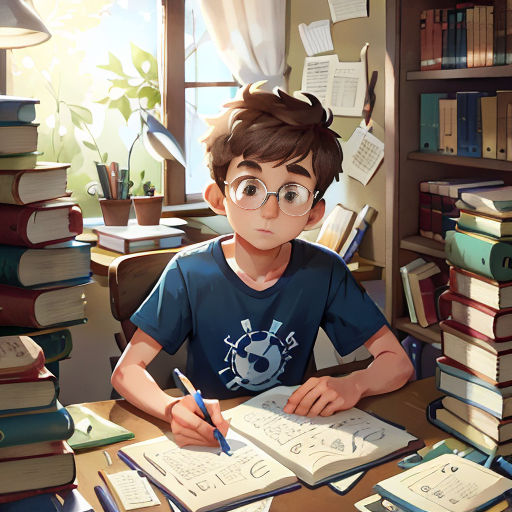 a boy sitting at a desk with a lot of books and a pen in his hand and a lot of books on the desk