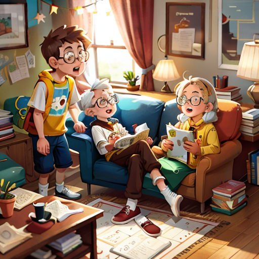 a group of children sitting on a couch in a living room reading books together and talking to each other