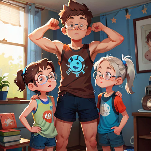 a man and two children standing in a room with a window behind them and a picture of a man on the wall