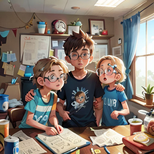a group of children standing next to each other in front of a window with a book on the table
