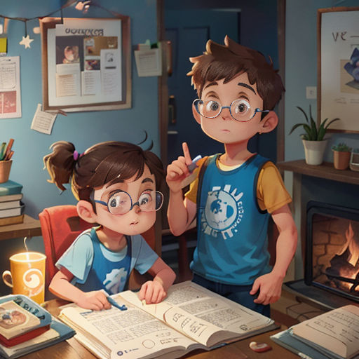 two children are standing in front of a fireplace and a book on a table with a cup of coffee