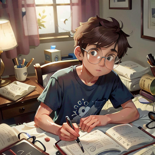 a boy sitting at a desk with a book and pen in his hand and a book open to his face