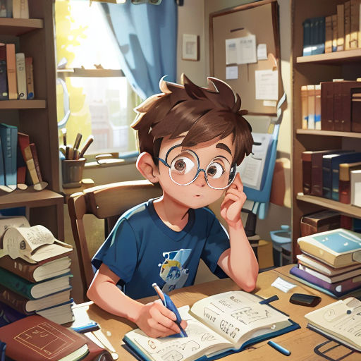 a boy sitting at a desk with a book and pen in his hand and a book in his hand