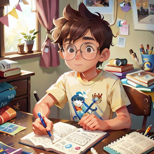 a boy sitting at a desk with a book and pen in his hand and a book in front of him