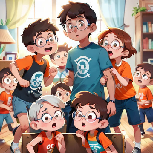 a group of children standing next to each other in a room with a man standing behind them and a woman standing behind them