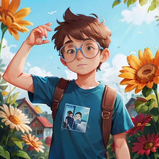 a boy with glasses and a backpack standing in front of a flower garden with a sunflower in the background