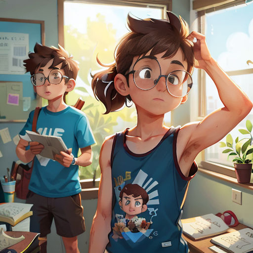 a boy and a girl are standing in a room with a window and a book on the desk and a book on the desk