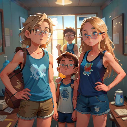 a group of people standing in a room with a table and a window in the background and a person wearing glasses