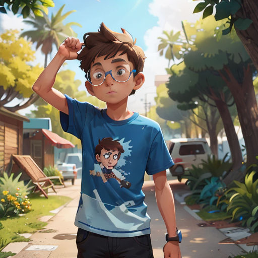 a boy in a blue shirt and glasses standing on a sidewalk with his arm up in the air and his hand on his head