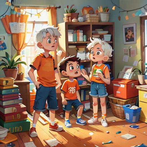 a group of children standing in a room with a window and a book shelf in the background and a man standing in the middle of the room