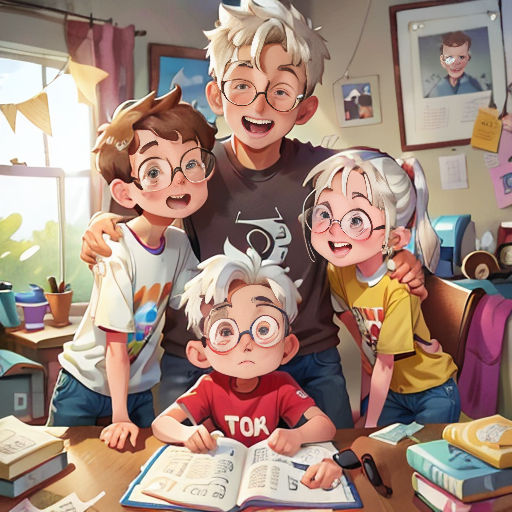 a man and two children are sitting at a table with a book and a book in front of them