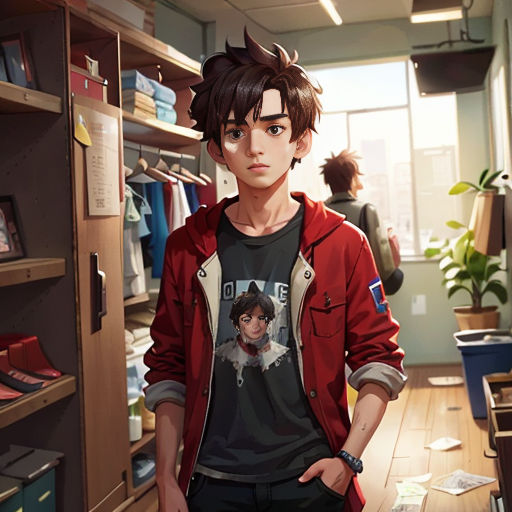 a man standing in a room with a book shelf full of books and a plant in the corner of the room