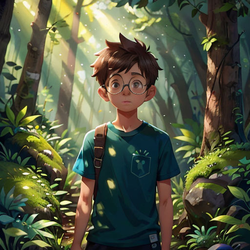 a boy in a forest with a backpack and a backpack on his shoulder, looking at the camera with a light shining through the trees