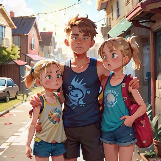 a group of children standing next to each other on a street corner with a car parked in the background