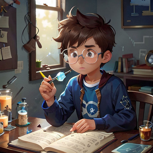 a boy sitting at a table with a book and a magnifying glass in his hand and a book in his other hand