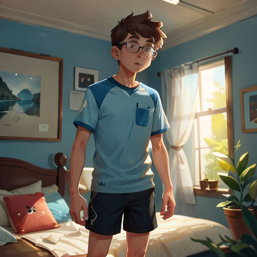 a boy in a bedroom with a bed and a plant in the corner of the room, wearing glasses