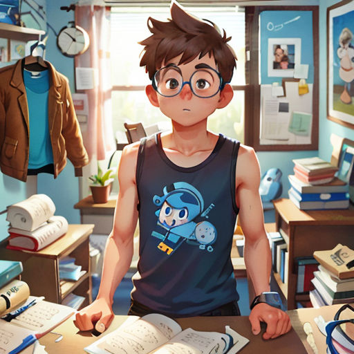 a boy with glasses standing in front of a desk with books and a clock on it, in a room with a window