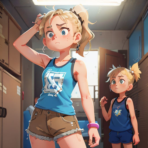 a girl and a boy are standing in a hallway with lockers and locker doors behind them, and a girl is holding a tennis racket