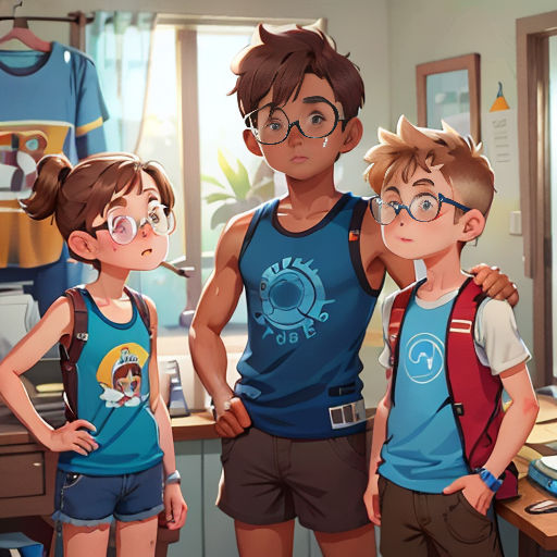 a group of three children standing next to each other in a kitchen with a window behind them and a boy wearing glasses