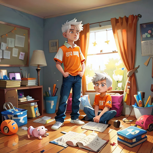 a boy and a boy standing in a room with toys and books on the floor and a window with curtains