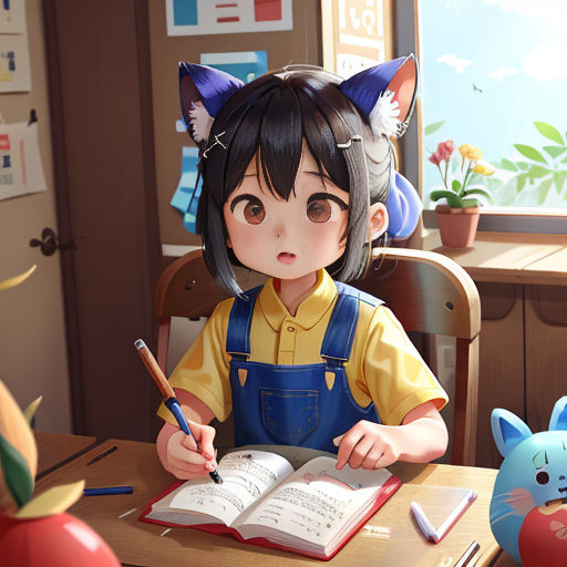a girl sitting at a desk with an open book and a cat figurine next to her,