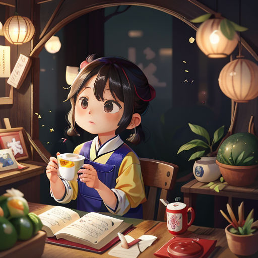a girl sitting at a table with a cup of tea in her hand and a book in front of her