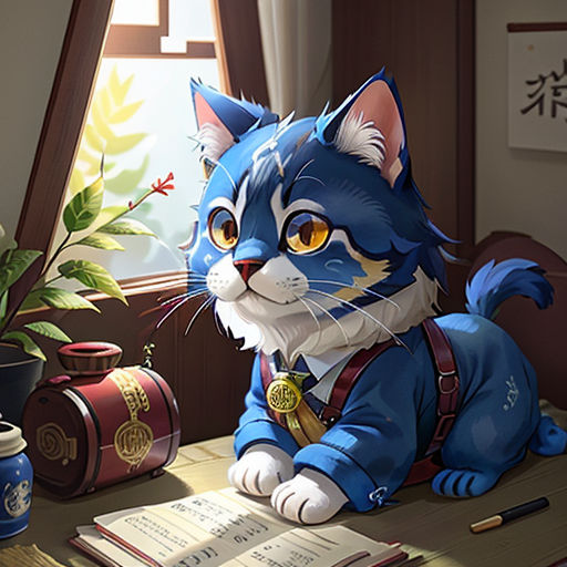 a cat sitting on a desk next to a potted plant and a book on a table with a book