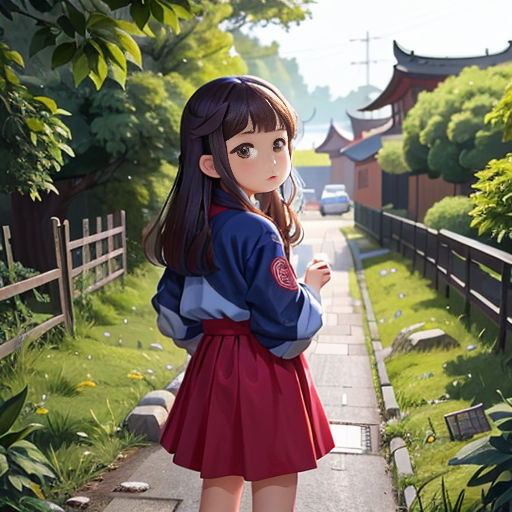 a girl in a red skirt standing on a sidewalk in front of a tree and bushes with a car parked on the side of the road