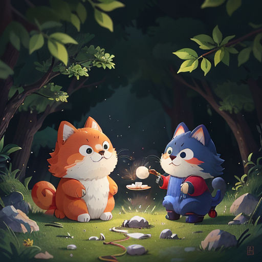 a couple of cats sitting next to each other in a forest next to a fire pit with a light on