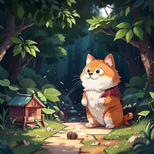 a cat sitting on a path in the woods looking at something with a sad look on its face and eyes