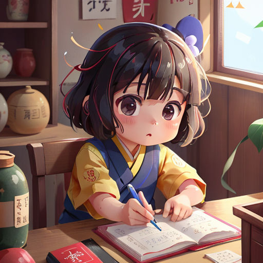 a girl sitting at a desk writing on a book with a pen in her hand and a vase behind her