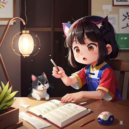 a girl sitting at a table with a cat and a book in front of her, and a lamp above her