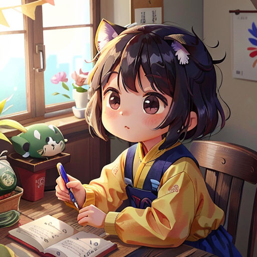 a girl sitting at a table writing on a book with a cat on the table behind her and a cat on the table