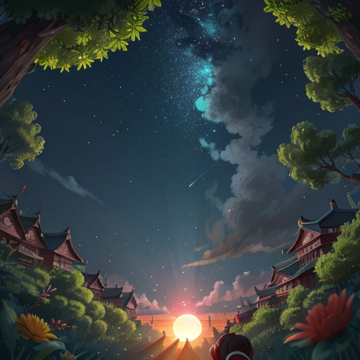 a person standing in a forest looking at the sky with a bright star above them and a building with a roof