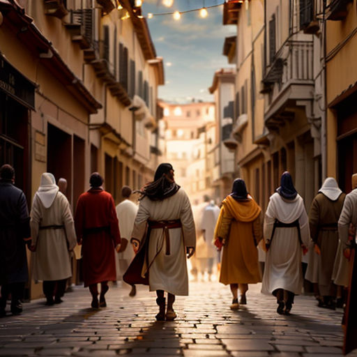 a group of people walking down a street next to tall buildings with lights strung above them and a string of lights strung above them