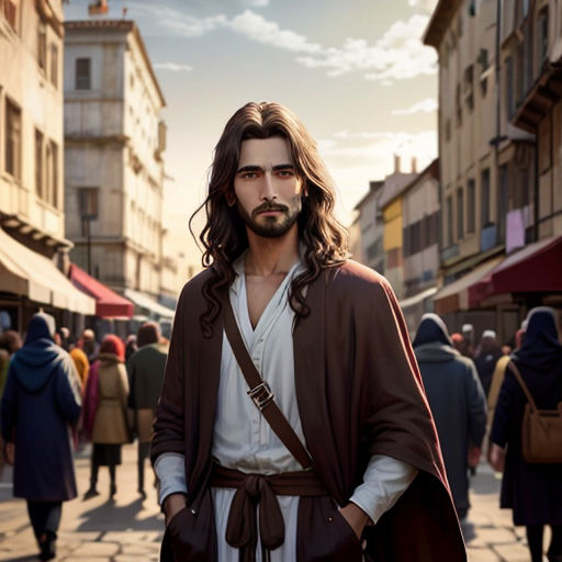 a man in a robe and a beard standing in a street with people walking around him and buildings in the background