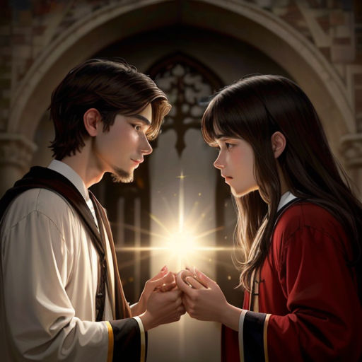 a young man and woman are holding hands together in front of a doorway with a light shining through it