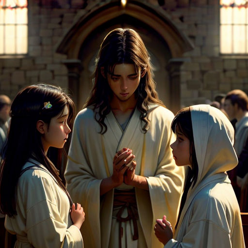 a group of people standing around a person in a church with a cross on their chest and a woman in a white robe