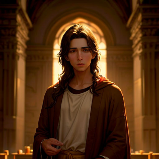 a man in a brown jacket standing in a church with a cross on his chest and a cross on his shoulder
