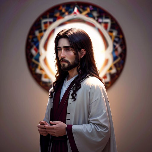 a man with long hair and a beard wearing a robe and standing in front of a stained glass window