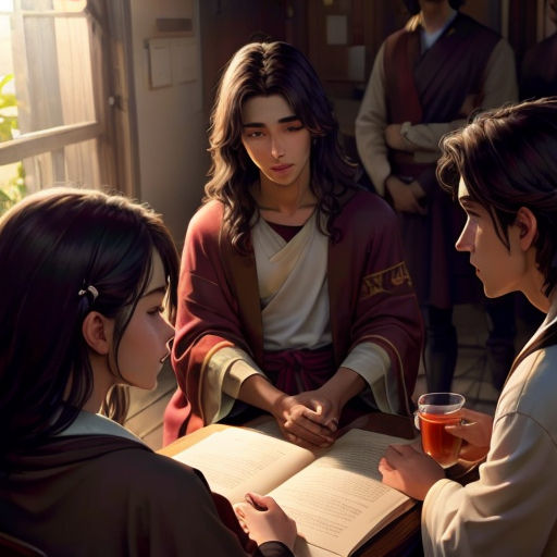 a group of people sitting around a table with a book and a drink in hand and a woman holding a glass of wine