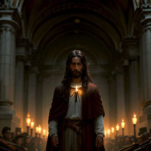 a man with a cross standing in a church with candles on the floor and a light shining on him