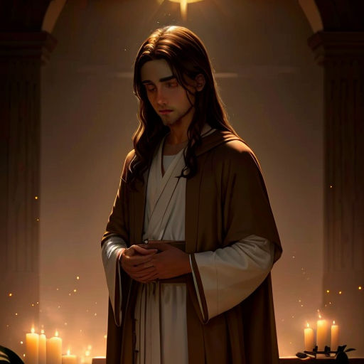 a man in a robe standing in front of a cross with candles in the background and a light shining on him