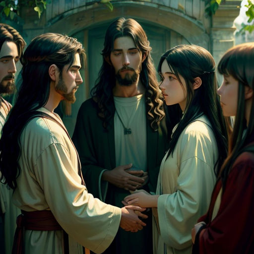jesus is being led by a group of people in a courtyard of a church, with a woman in the foreground