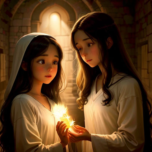 two girls dressed in white holding a sparkler in their hands and looking at each other with a light shining in the background
