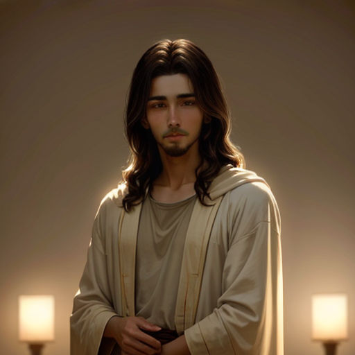 a man with long hair and a robe on standing in a room with two lamps on either side of him