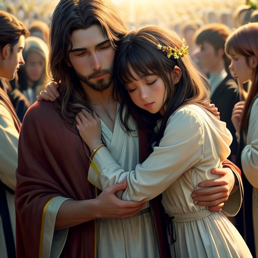 a woman hugging a man in a crowd of people in religious robes and holding a cross in her hands