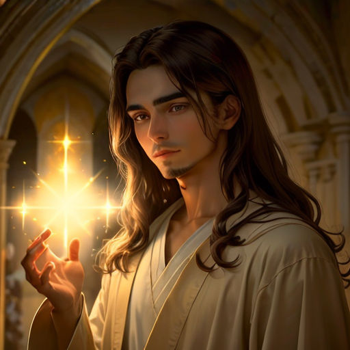 a man holding a lit candle in his hand in a church with a light shining from his hand and a cross in the background